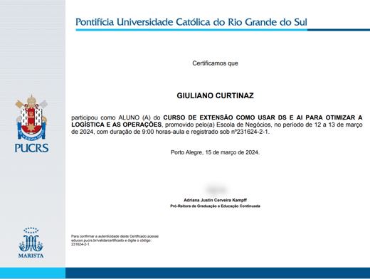 Certificado: Extensão em Inteligência Artificial aplicada à Logística