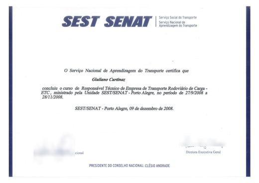 Certificado: Responsável Técnico de Empresa de Transporte Rodoviário de Carga