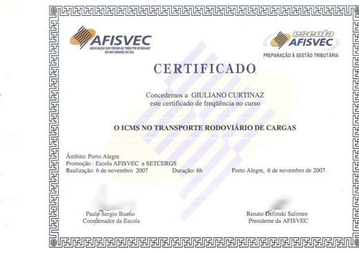 Certificado: O ICMS no Transporte Rodoviário de Cargas