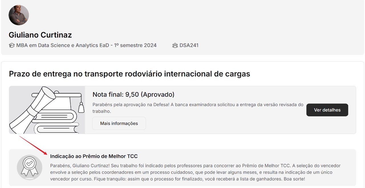 Tela do portal do MBA mostrando nota final 9,50 (aprovado) e a indicação ao prêmio de melhor TCC